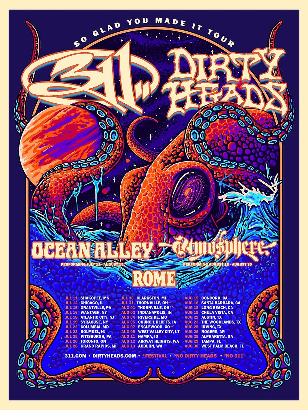 Concert poster with an octopus, stars, and planet in vibrant colors. Text: "311," "Dirty Heads," tour dates and locations. Bold and energetic.