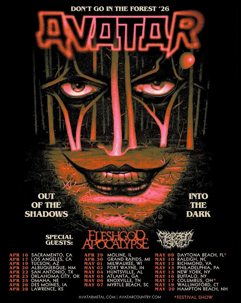 Poster for Avatar's 2026 tour, "Don't Go in the Forest," features eerie red face, tour dates, and special guests Fleshgod Apocalypse.
