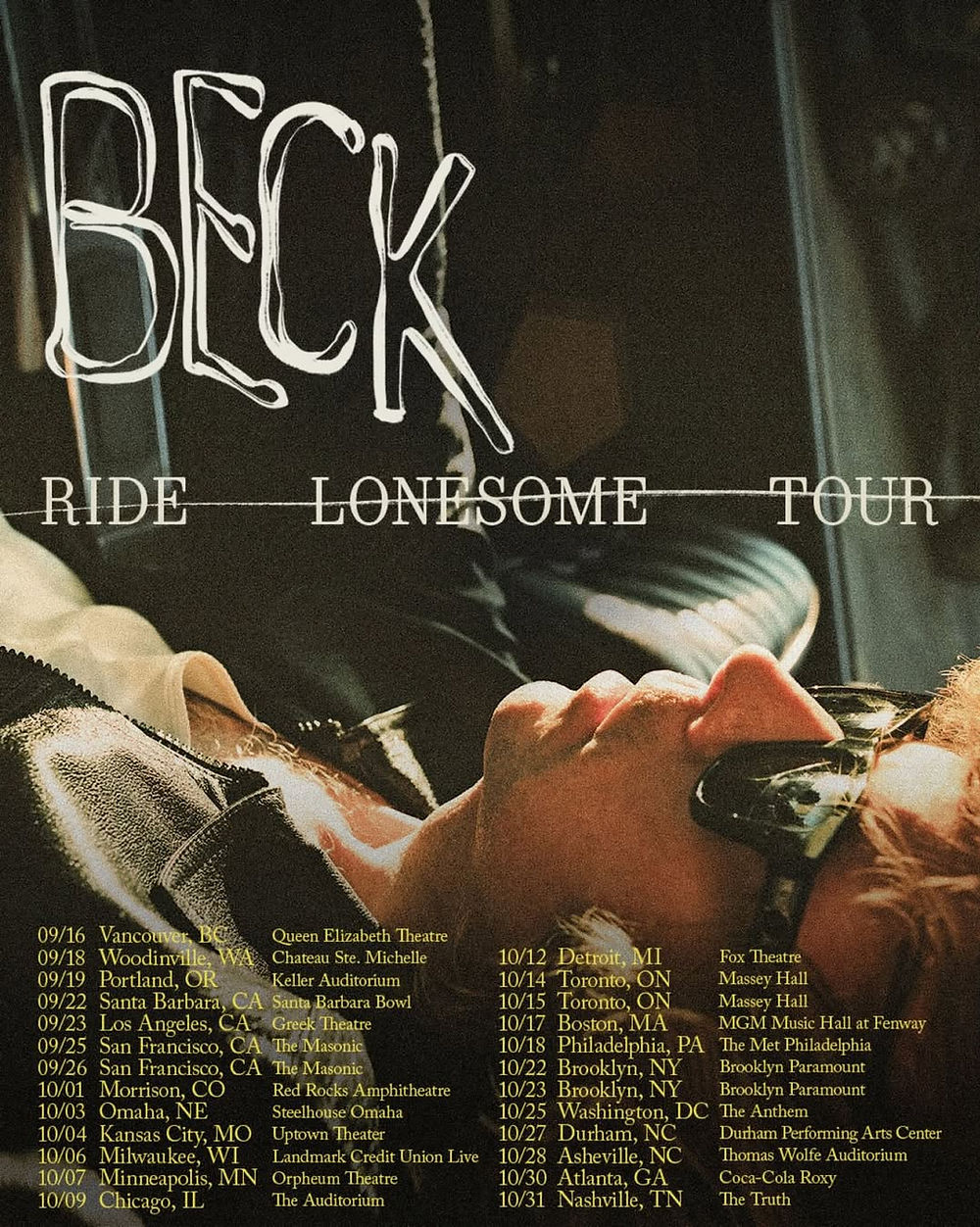 Beck tour poster featuring "Ride Lonesome Tour" text, a person in sunglasses, and a list of concert dates and locations on a dark background.