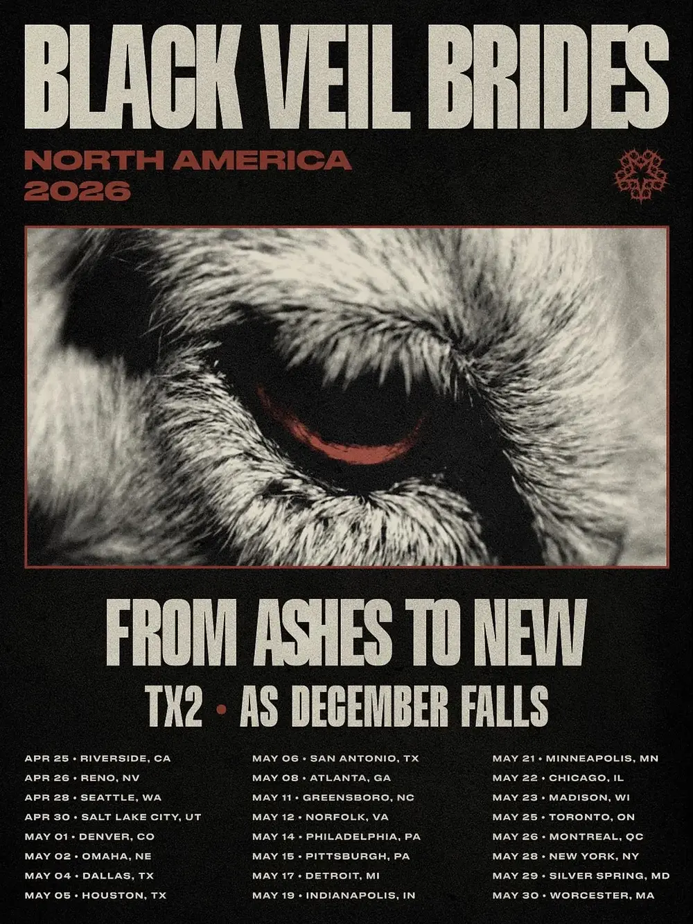 Concert poster for Black Veil Brides' 2026 North America tour with bands From Ashes to New, TX2, As December Falls. Dark background, bold text.