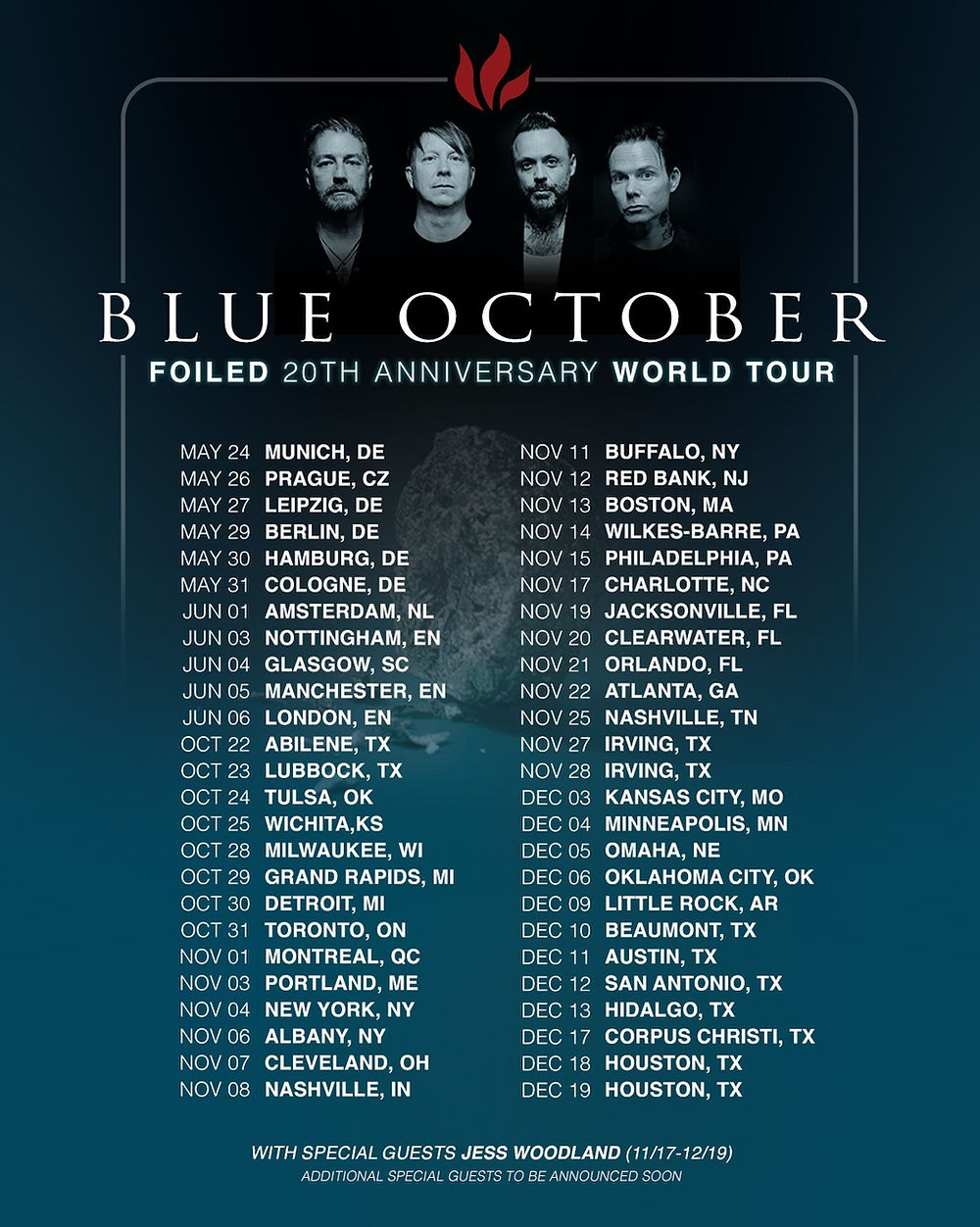 Blue October tour poster with band photo. Text shows "Foiled 20th Anniversary World Tour" dates and locations, featuring a dark blue gradient background.