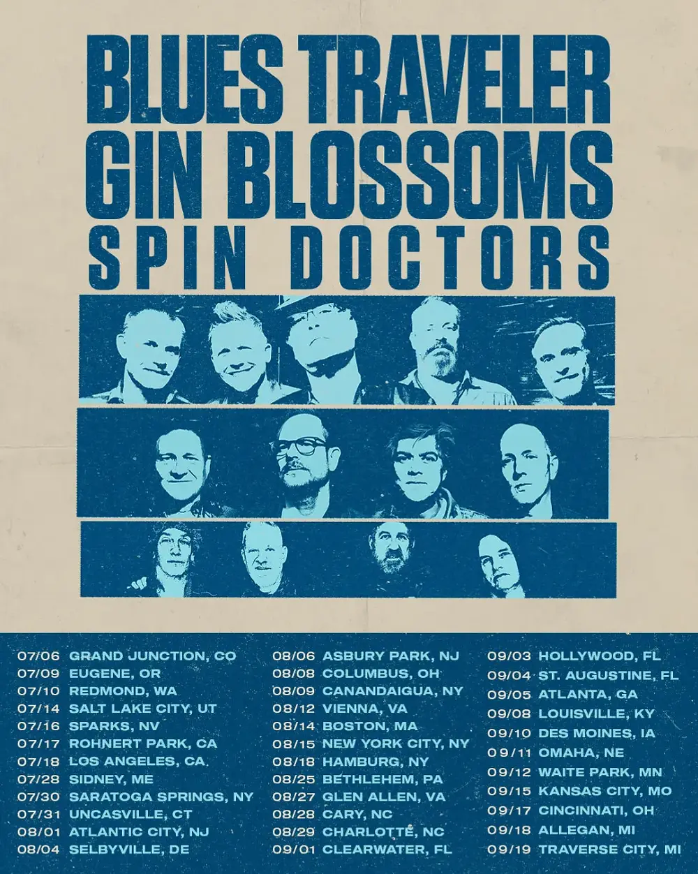Band poster with blue-toned photos of musicians. Text lists "Blues Traveler, Gin Blossoms, Spin Doctors" and tour dates/locations in blue.