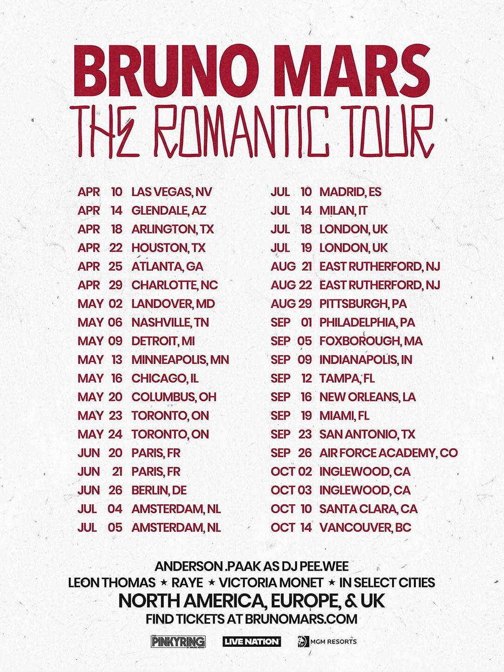 Concert tour poster for Bruno Mars' "The Romantic Tour" listing dates and locations across North America, Europe, and UK in red text.