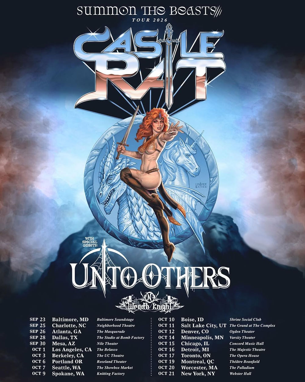 Castle Rat Tour 2026 poster with sword-wielding warrior, dragon and unicorn art, smoky blue backdrop, and tour dates below