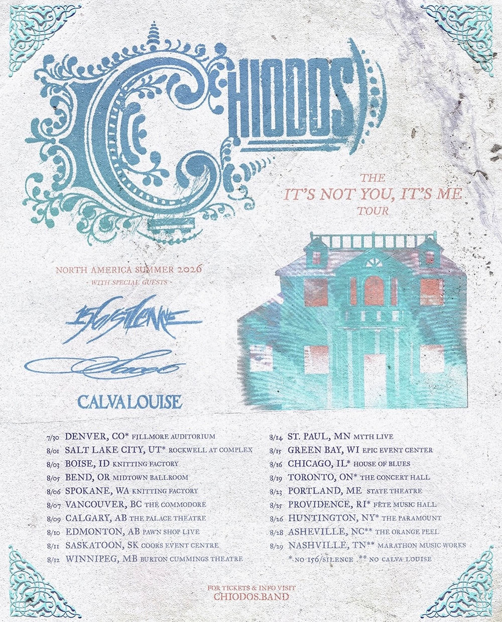 Concert poster for Chiodos's 2026 tour with special guests. Features ornate blue text, a stylized house, and tour dates in black text.