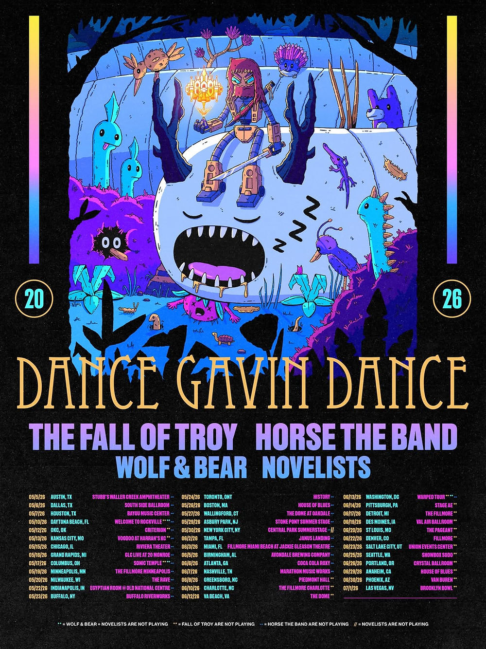 Psychedelic concert poster for Dance Gavin Dance tour. Cartoon character on monster, vibrant creatures, dates and bands listed below.