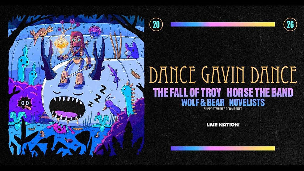 Colorful fantasy scene with creatures and a character sitting on a monster. Right side lists band names, "Dance Gavin Dance" prominently.