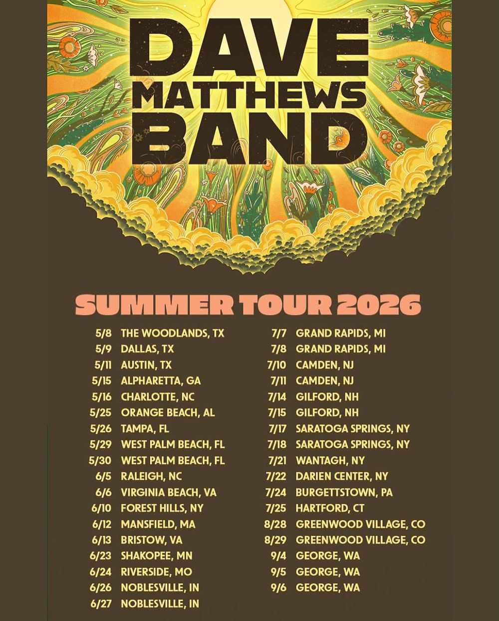 Dave Matthews Band Summer Tour 2026 poster with psychedelic design and dates listed for various U.S. cities on a brown background.