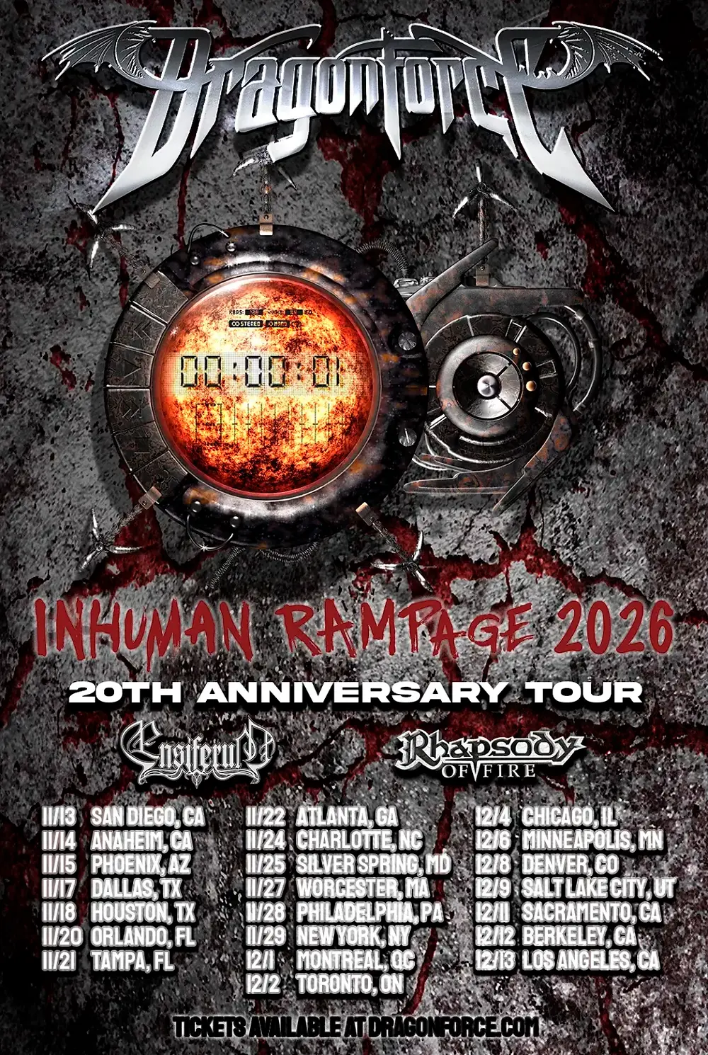 DragonForce tour poster with fiery clock, dark cracked background, and text Inhuman Rampage 2026 20th Anniversary Tour.