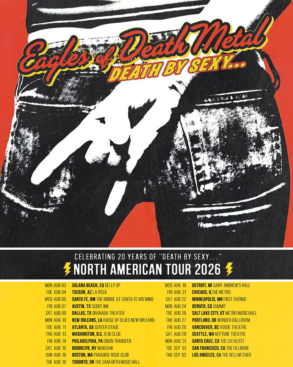Band tour poster with vintage jeans design. "Eagles of Death Metal: Death by Sexy" tour dates listed for North America, 2026.