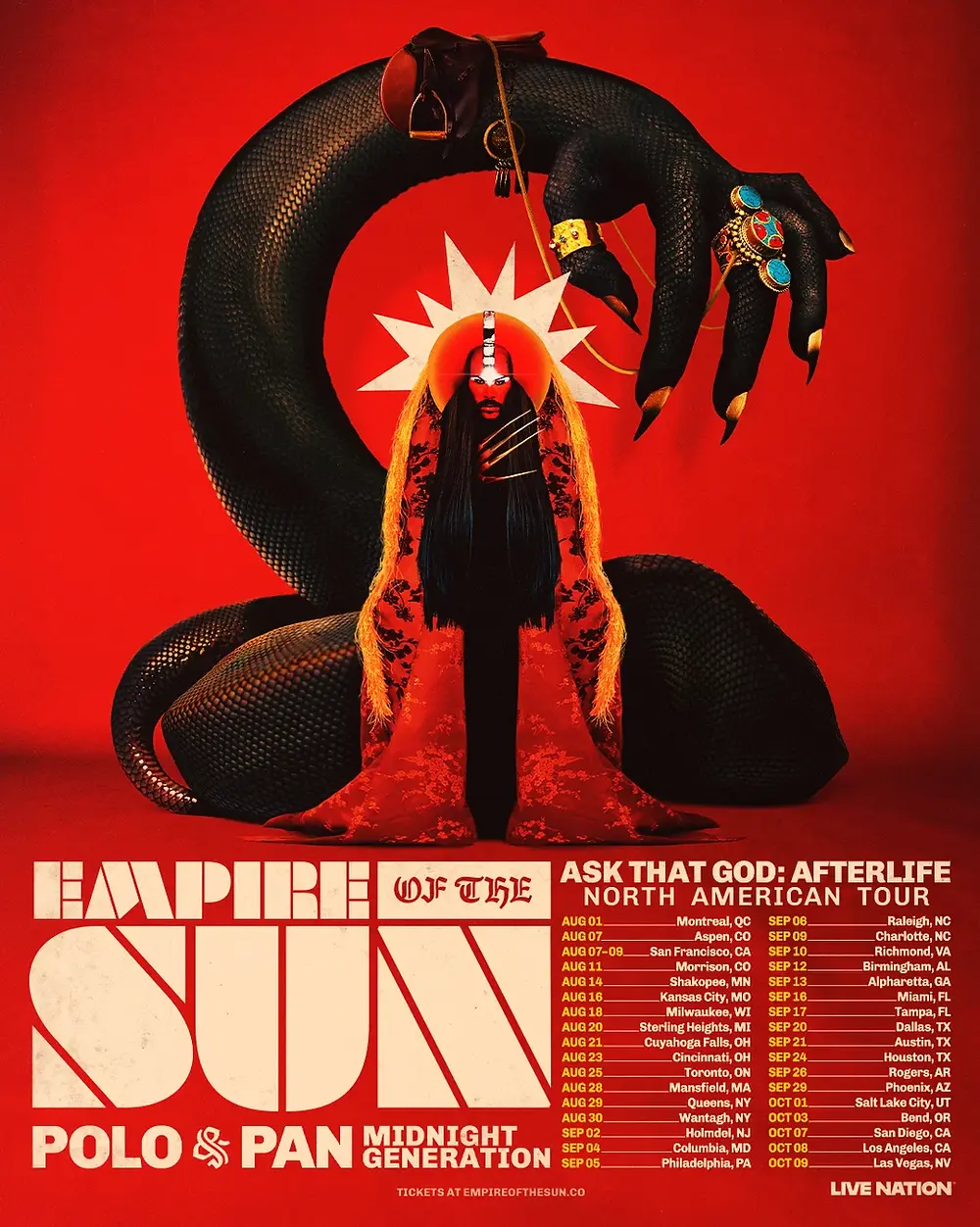 A figure stands in front of a coiled snake on a red background. Tour dates for Empire of the Sun's North American tour are listed below.