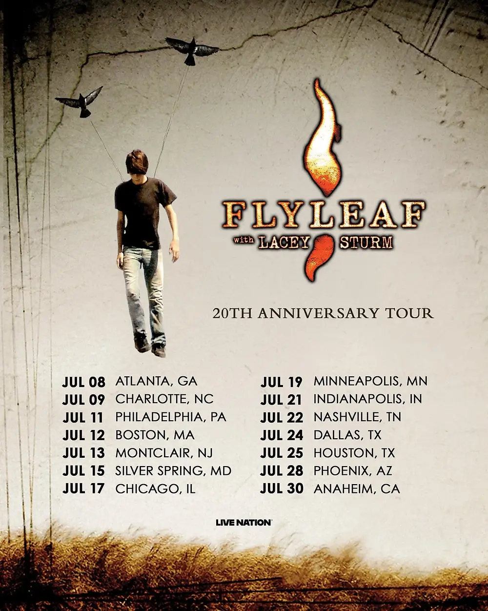 Person with birds and a cracked wall backdrop. Text: Flyleaf 20th Anniversary Tour, tour dates, cities. Warm tones and a textured design.