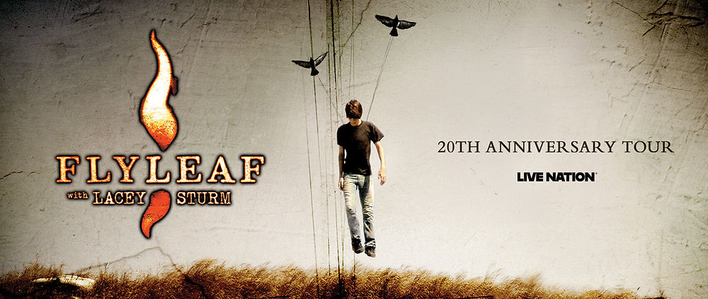 Person suspended by ropes with birds above, on aged backdrop. Text: Flyleaf with Lacey Sturm, 20th Anniversary Tour, Live Nation.