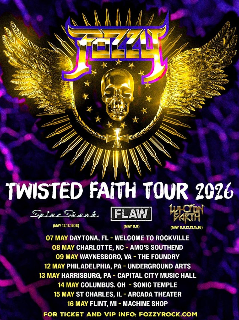 Concert poster for "Twisted Faith Tour 2026" featuring a skull with wings and gold accents. Dates and locations are listed below.