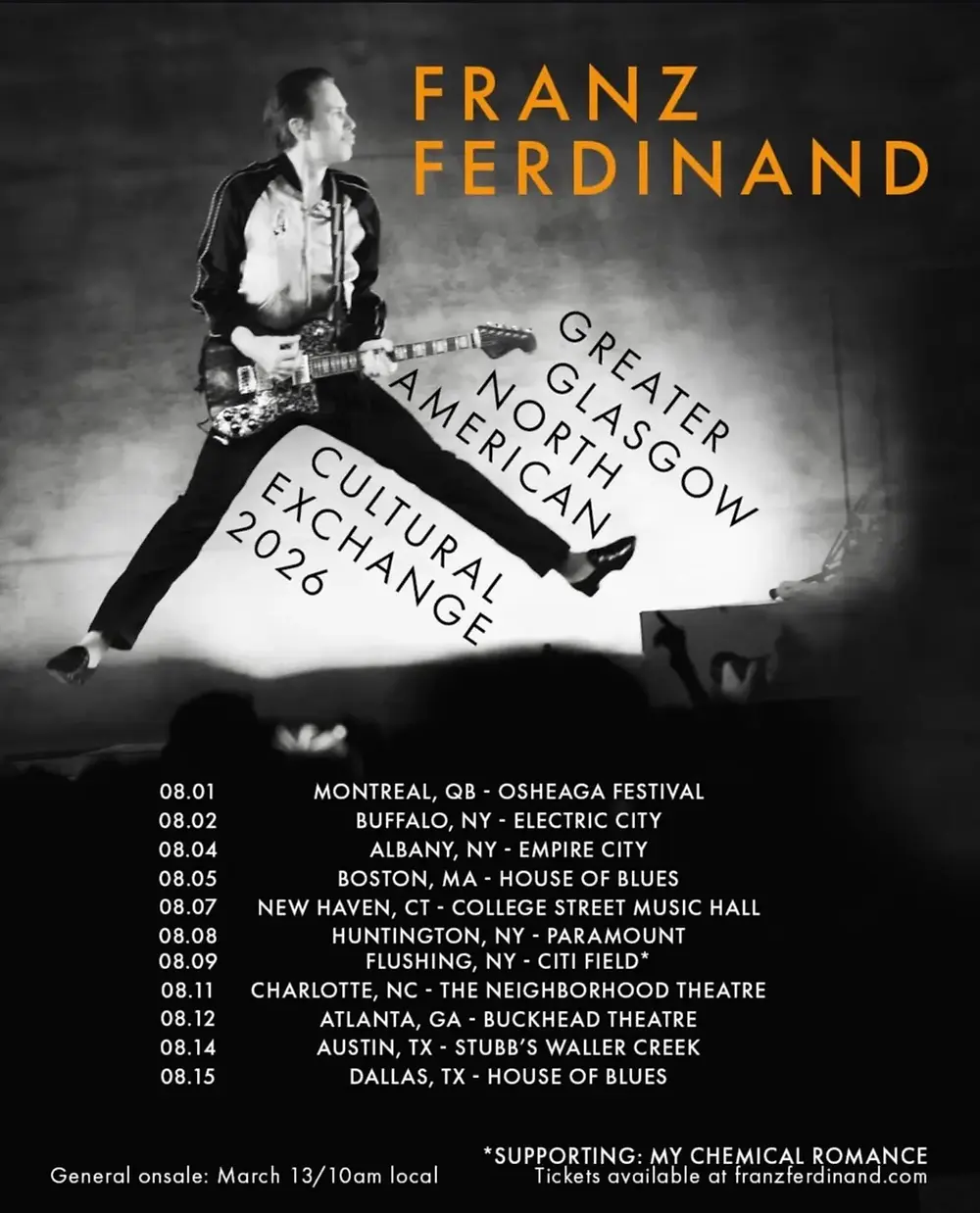 Black and white image of a musician jumping with a guitar. Text lists "Franz Ferdinand" tour dates for 2026 in North America. Bold title.
