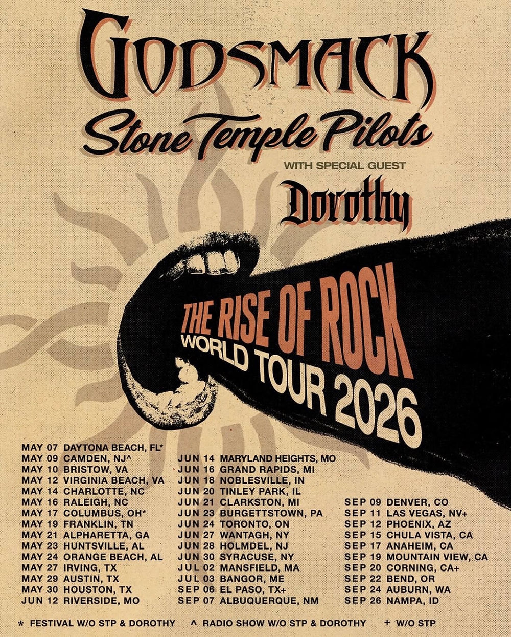 Godsmack, Stone Temple Pilots, and Dorothy tour poster. Text includes "The Rise of Rock World Tour 2026" and tour dates. Vintage design.