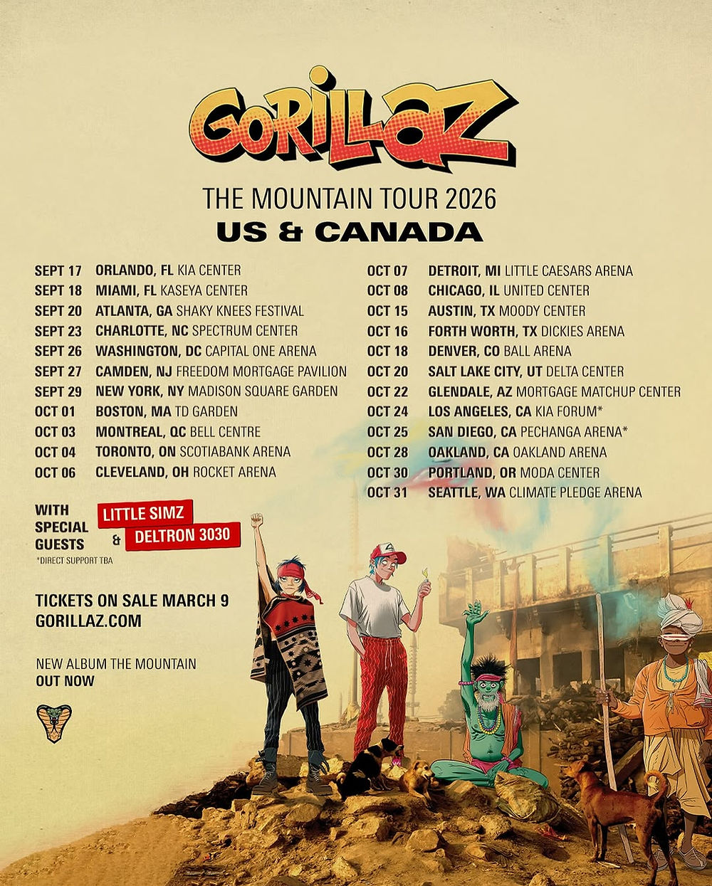 Gorillaz tour poster: Four cartoon characters in colorful outfits pose with a dog. Tour dates in US & Canada listed. Tickets on sale March 9.