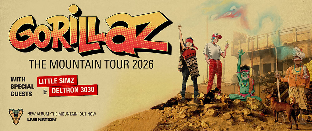 Gorillaz The Mountain Tour 2026 poster; animated characters pose on rubble with dogs; text: Little Simz & Deltron 3030 as special guests.