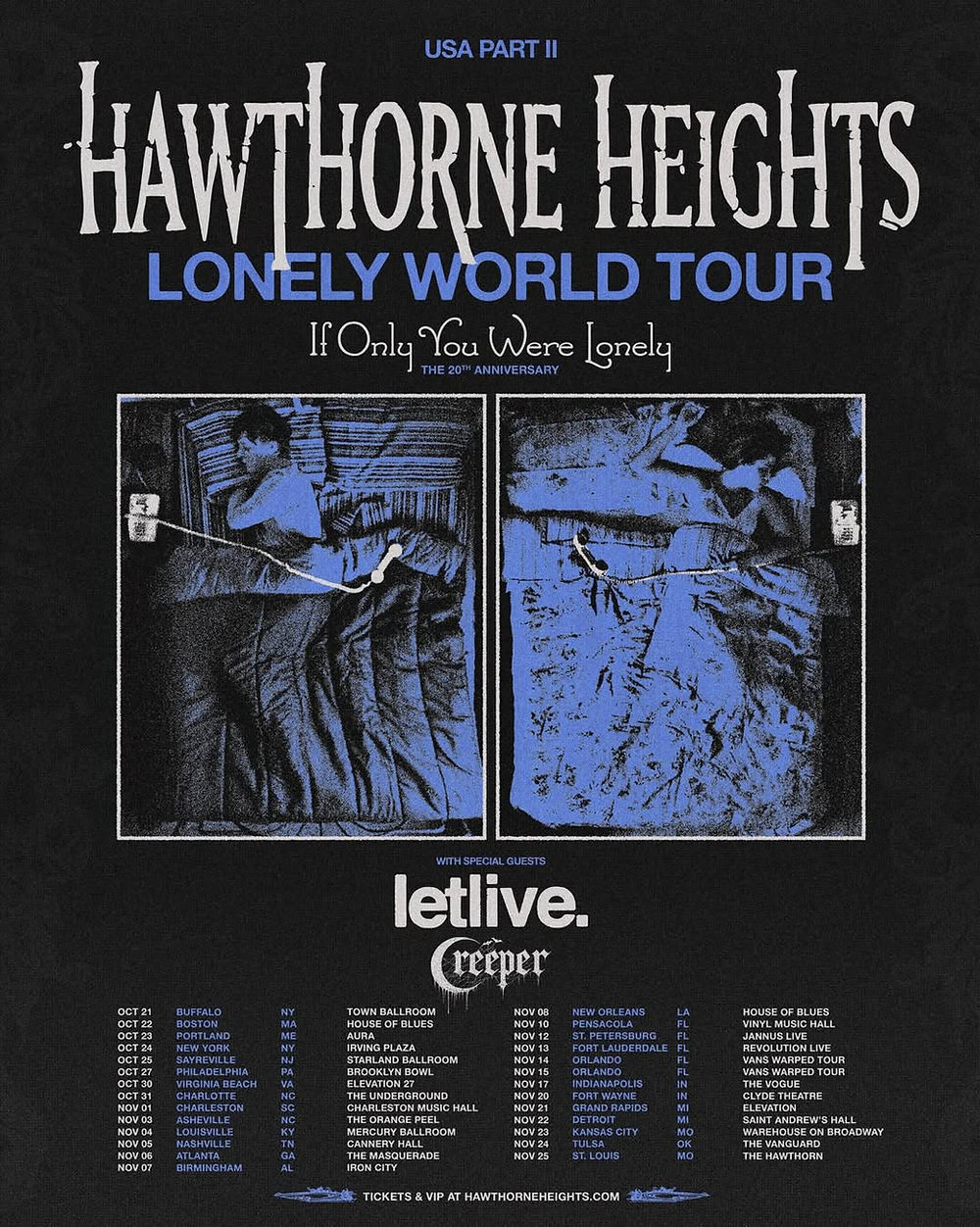 Poster for Hawthorne Heights' Lonely World Tour 2023. Features two sleeping figures, tour dates, and special guests Letlive and Creeper.