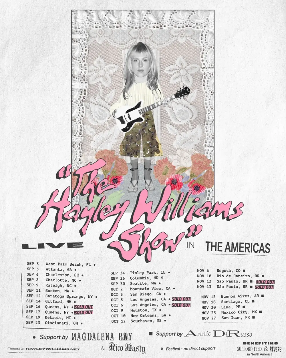 Retro poster featuring a child with a guitar, floral and lace patterns. Text: "The Hayley Williams Show" tour dates with "SOLD OUT" labels.