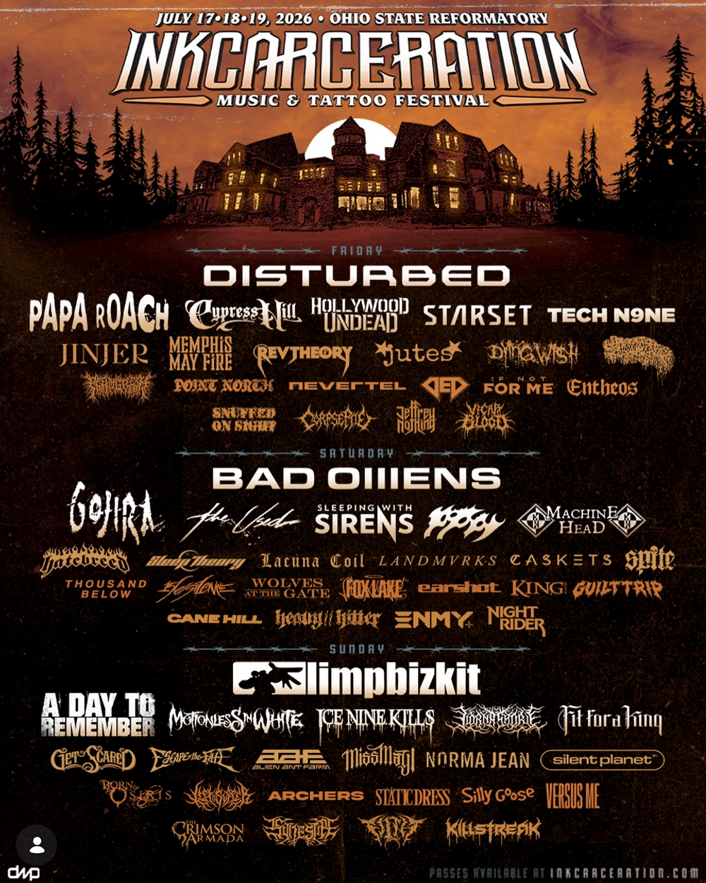Concert poster for INKcarceration Music & Tattoo Festival, July 17-19, 2026, Ohio. Features bands like Disturbed, Bad Omens, Limp Bizkit.