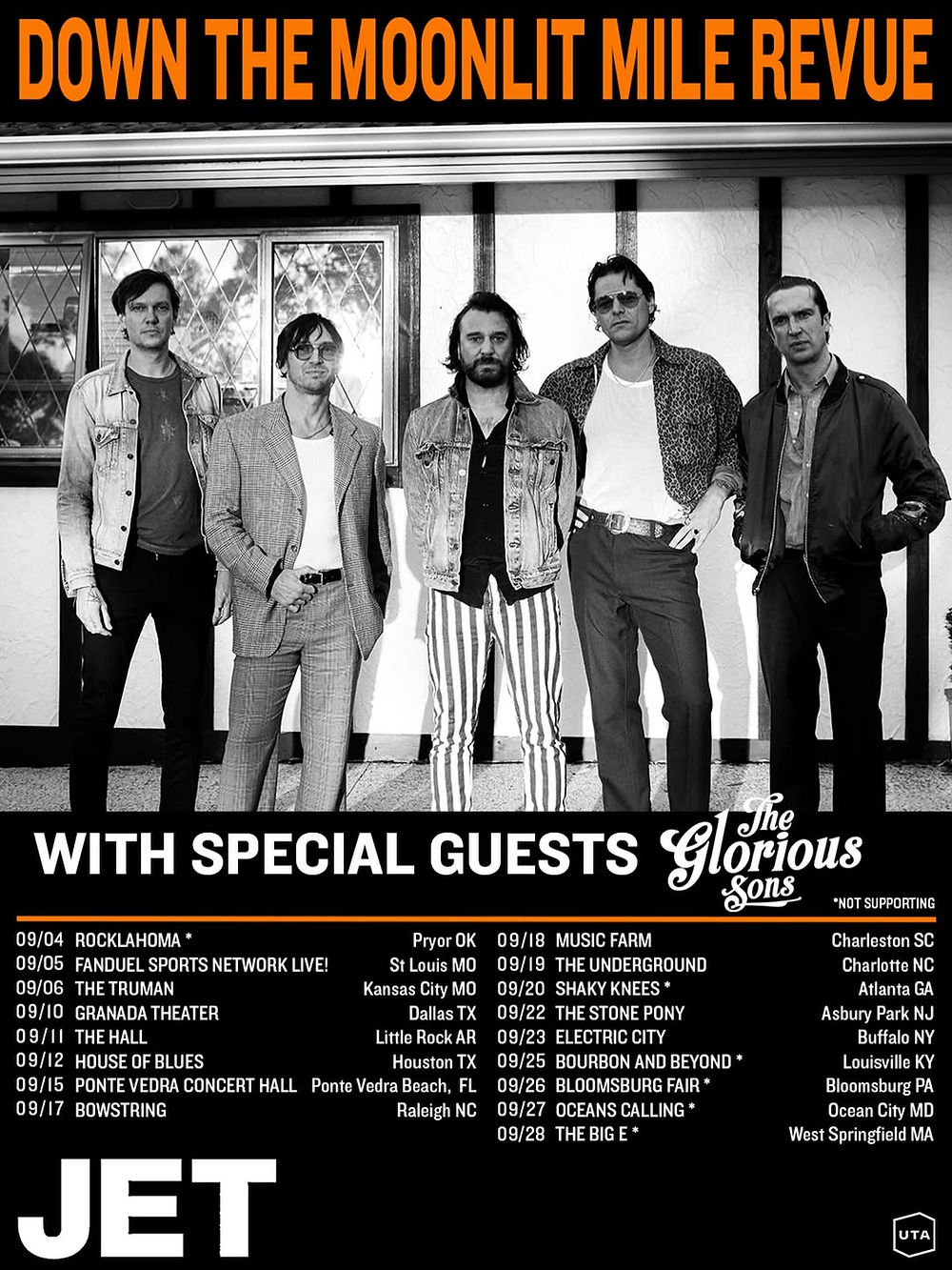 Five men stand in front of a building with diamond windows. Text above them reads "Down the Moonlit Mile Revue" and tour dates below.