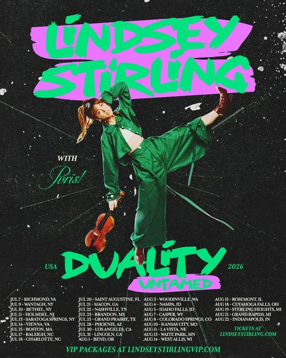 Musician in green clothes holds a violin, surrounded by neon text: Lindsey Stirling, Duality Tour 2026. Tour dates listed below.