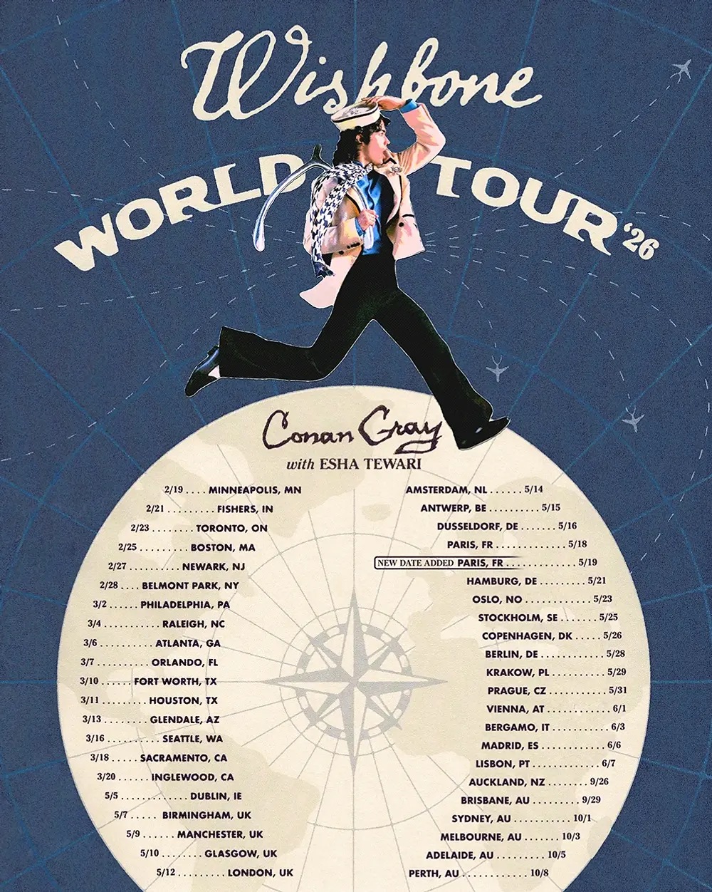 Person in retro outfit poses mid-air on blue background. Text reads "Wishbone World Tour '26," with a globe design and concert dates below.