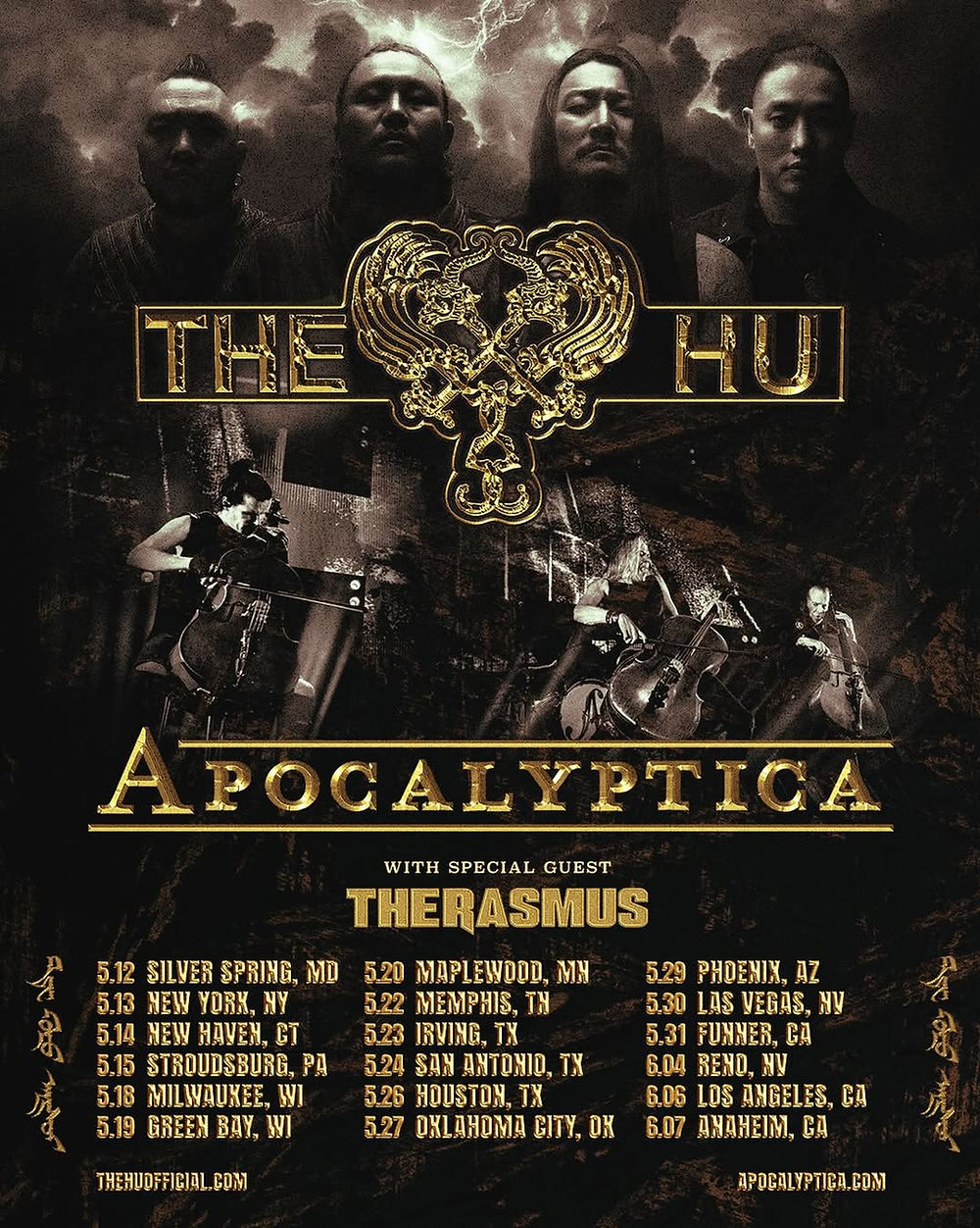 The image features band members from The Hu under stormy skies. Text below announces an Apocalyptica tour with dates and locations in gold.