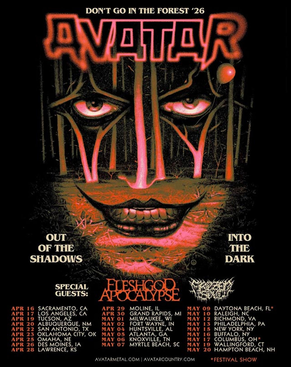 Concert poster for Avatar's "Don't Go In The Forest '26" tour. Features eerie face and trees. Dates and locations listed below.
