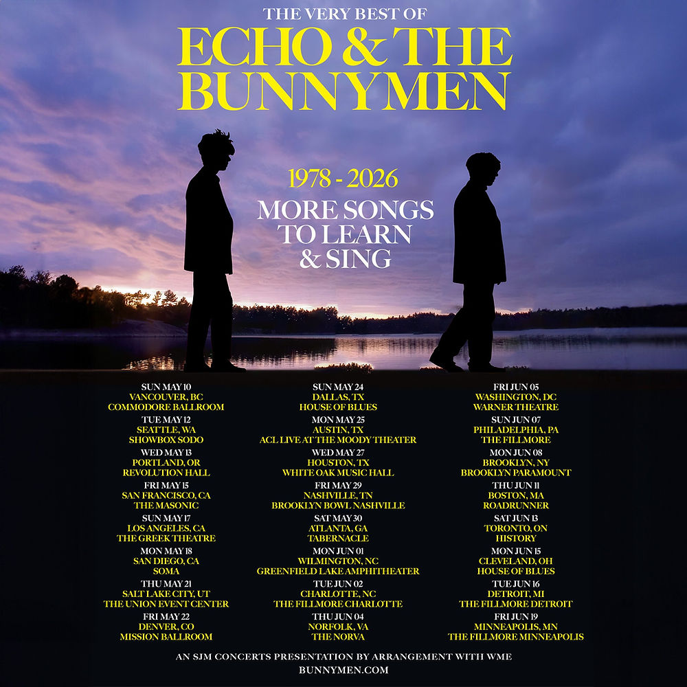 Echo & the Bunnymen tour poster over a sunset lake with two black silhouettes; text says 1978-2026 and city dates.