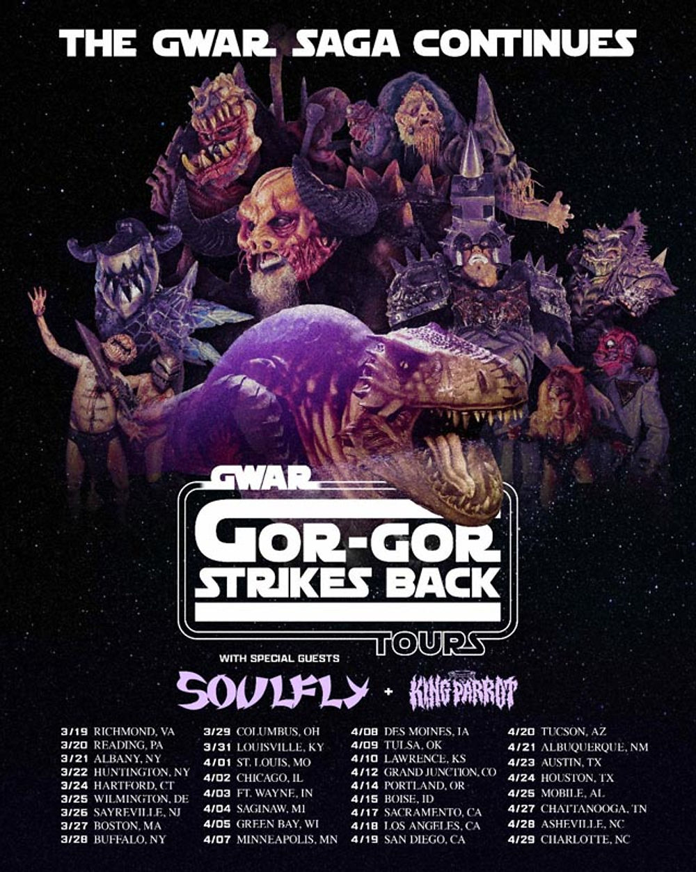Monstrous figures pose dramatically with a large dinosaur amidst space-like backdrop. Text: "GWAR: Gor-Gor Strikes Back Tour" and dates.