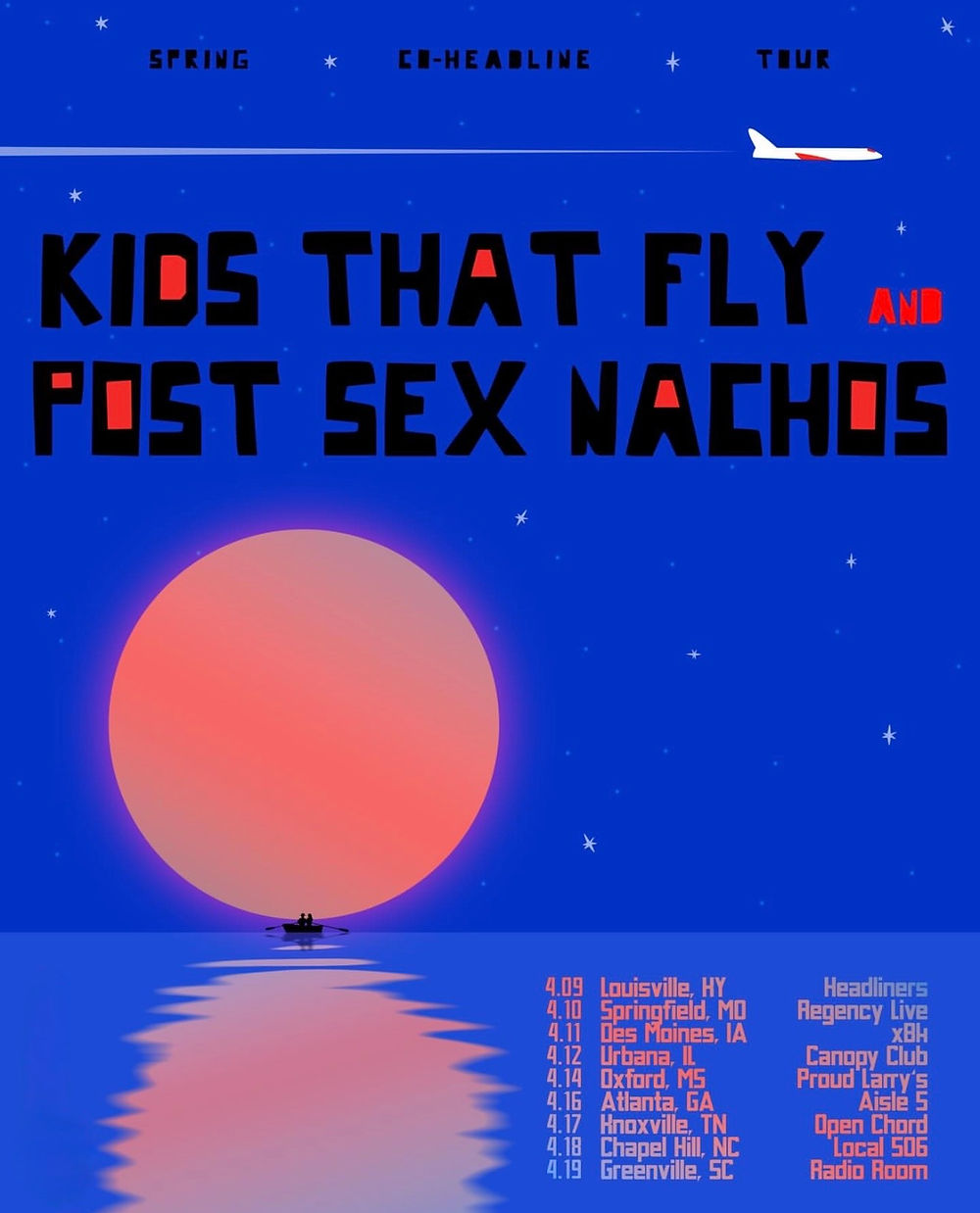 Tour poster for "Kids That Fly" and "Post Sex Nachos." Shows a boat under a large pink moon on a blue night sky. Tour dates listed.