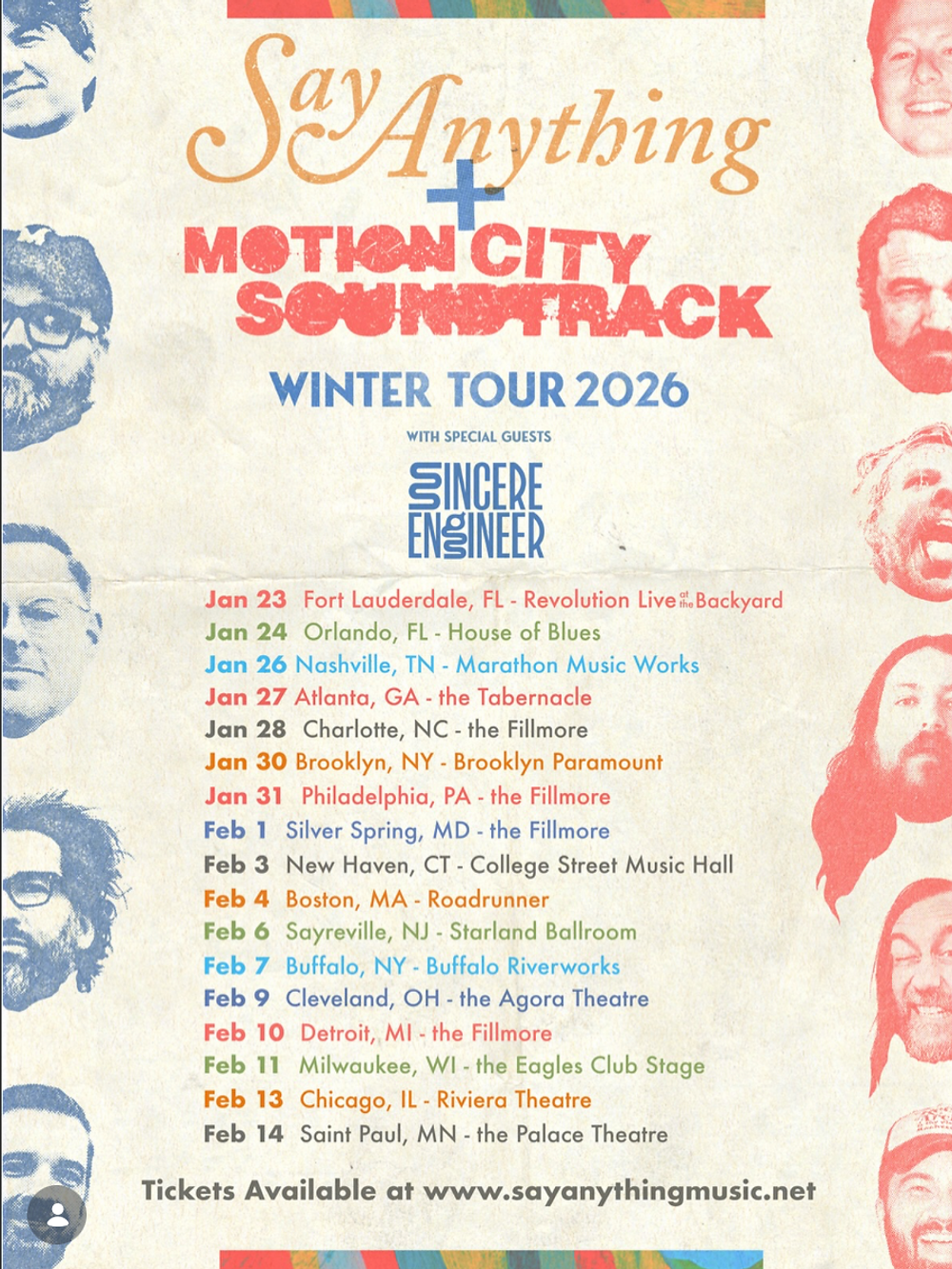 Tour poster for Say Anything and Motion City Soundtrack, Winter 2026. Dates and venues listed in colorful text, includes Sincere Engineer.