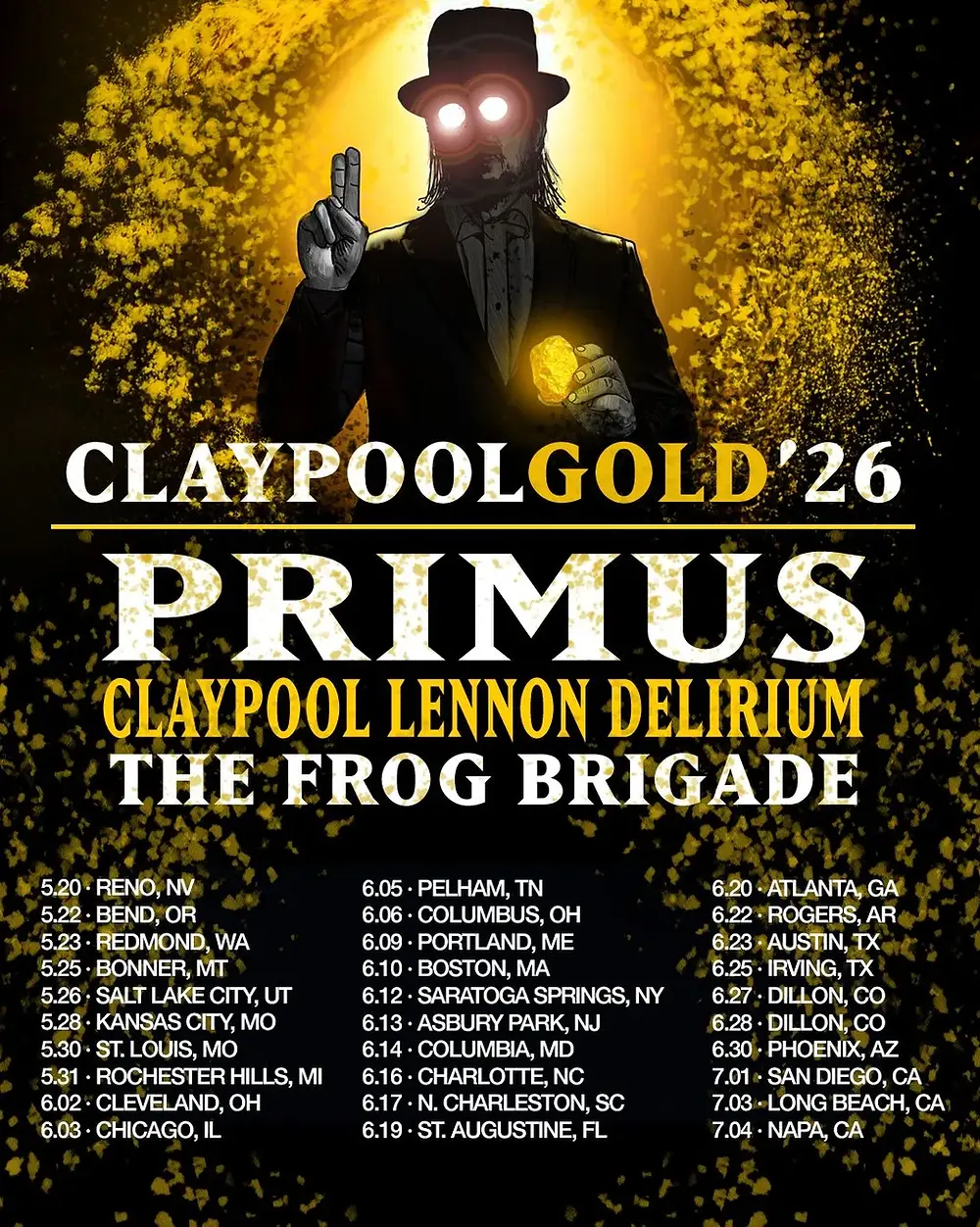 Concert poster with a glowing top-hatted figure holding gold, for CLAYPOOL GOLD ’26 PRIMUS and Claypool Lennon Delirium tour dates
