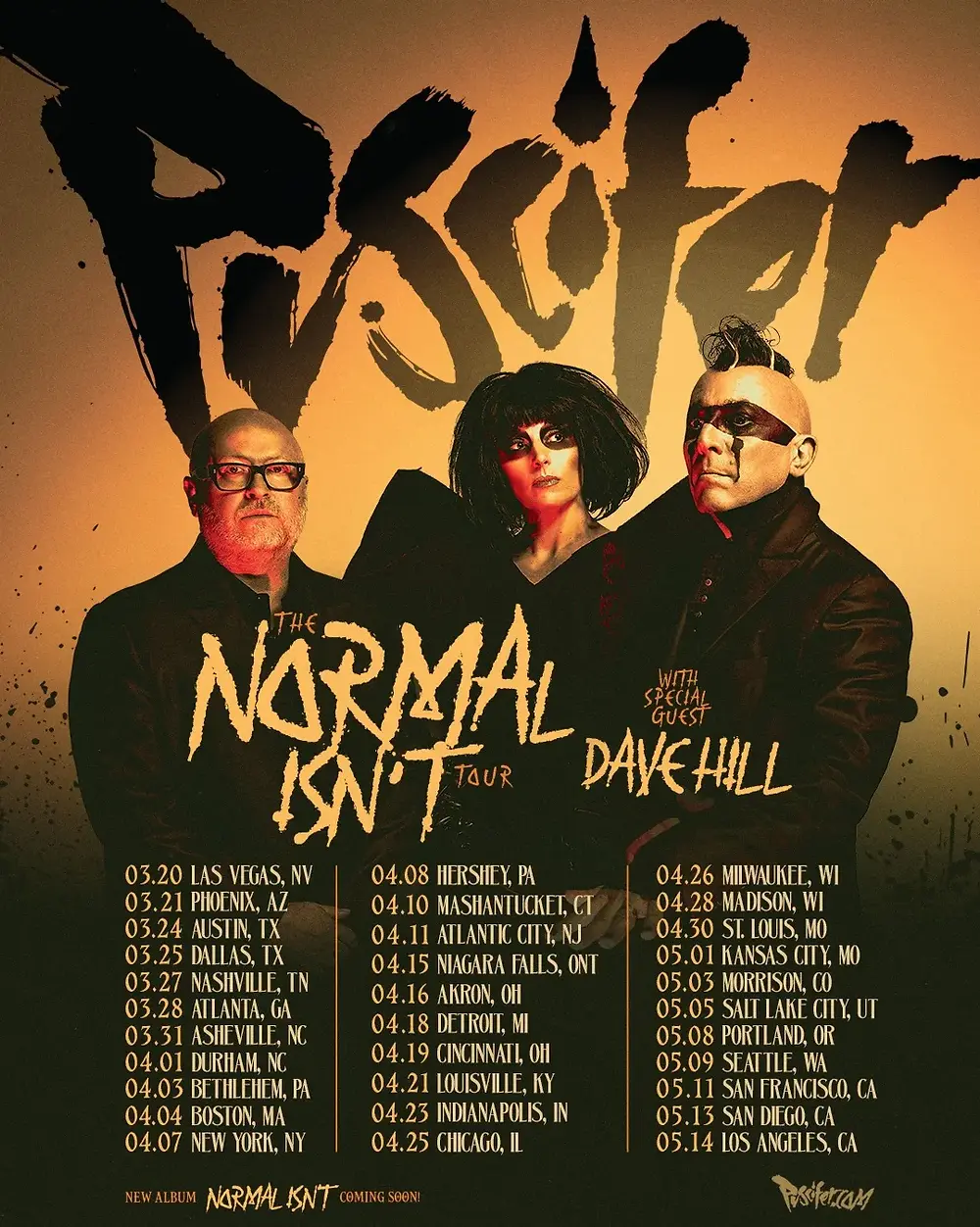 Three individuals stand against an orange background with bold black text: "Puscifer, The Normal Isn't Tour." Tour dates and locations are listed below.