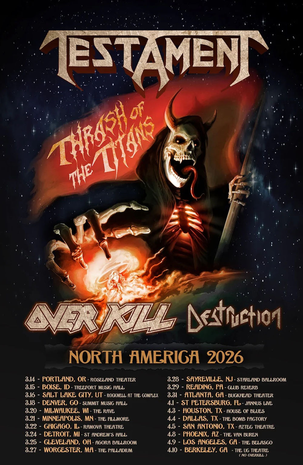 Skeleton with a scythe against a starry sky; text: "Testament, Thraash of the Titans," tour dates listed for North America 2026. Dark, intense mood.