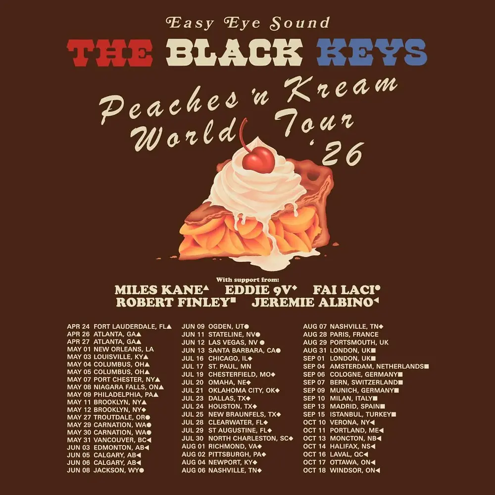 Brown poster for The Black Keys' "Peaches 'n Kream World Tour '26" with tour dates and a pie slice topped with cream and a cherry.