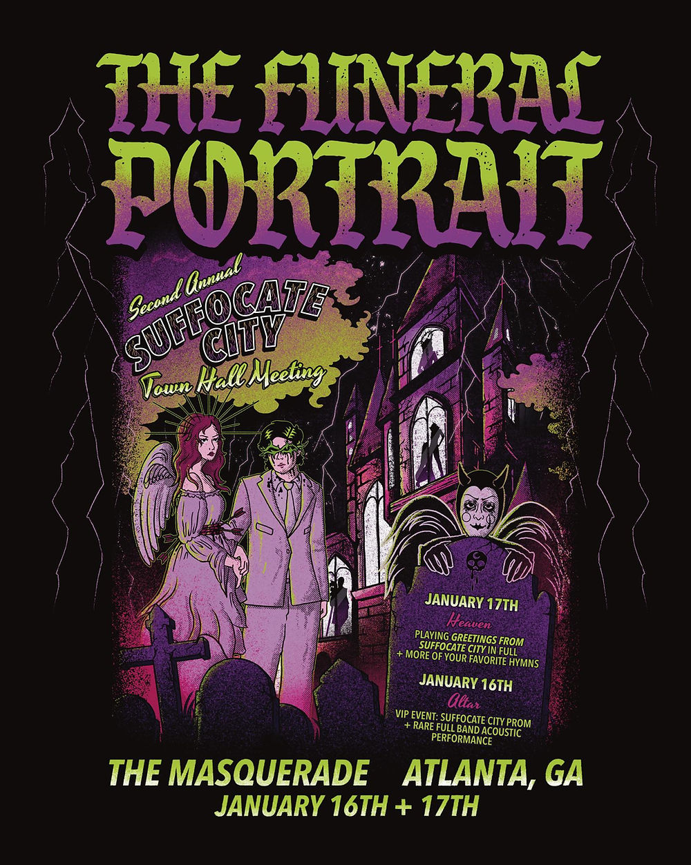 Purple and green gothic poster for "The Funeral Portrait" with angel and suited figure, tombstones, and event details in Atlanta, Jan 16-17.