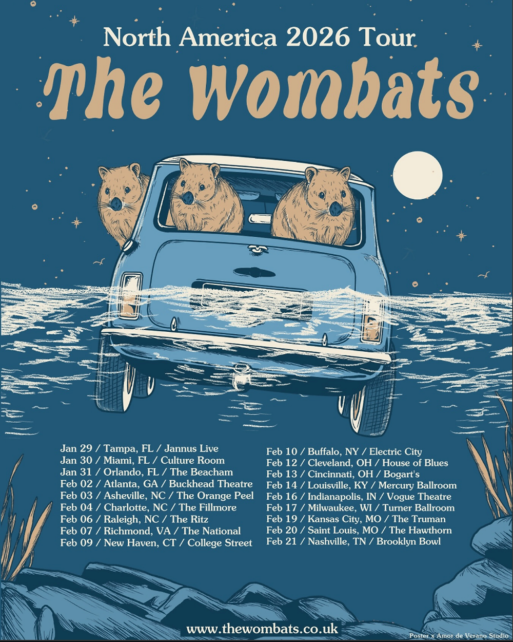 Poster for "The Wombats North America 2026 Tour" shows three wombats in a car at night with starry sky. Tour dates and locations listed.