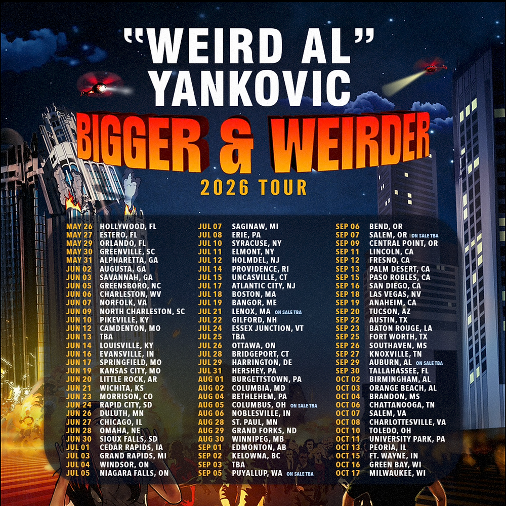 Poster for Weird Al Yankovic’s Bigger & Weirder 2026 tour with city skyline, helicopters, and a long list of dates.