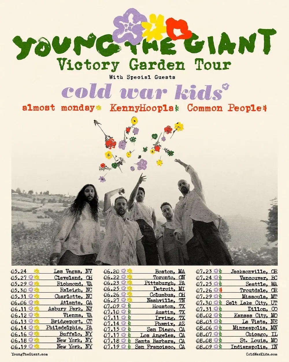 Vintage tour poster for Young the Giant and Cold War Kids, with colorful flowers, black-and-white band photo, and dates.