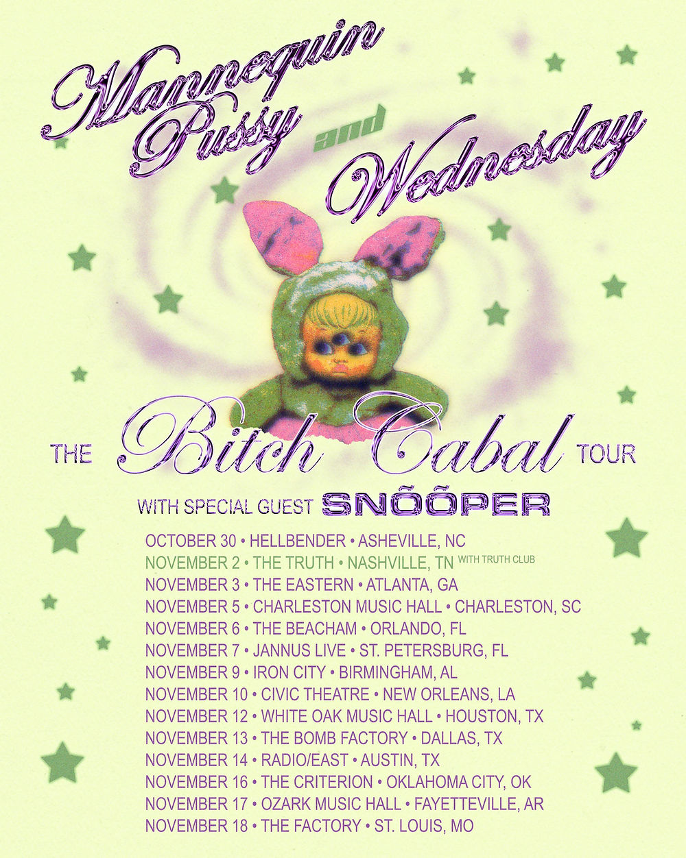 Mannequin Pussy and Wednesday The Bitch Cabal Tour poster listing 2026 dates, including Nov. 3 at The Eastern in Atlanta, Georgia.