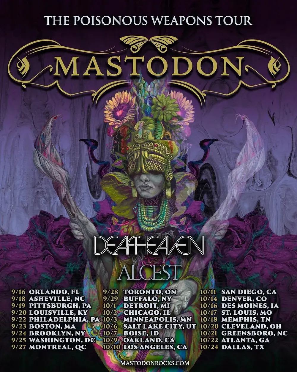 Purple Mastodon The Poisonous Weapons Tour poster with surreal masked figure, Deafheaven and Alcest, and city dates.