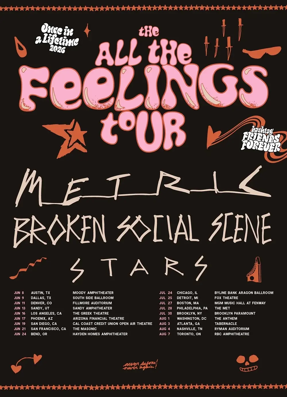 Concert poster for "All the Feelings Tour" featuring Metric, Broken Social Scene, and Stars. Includes tour dates and locations on a black background.