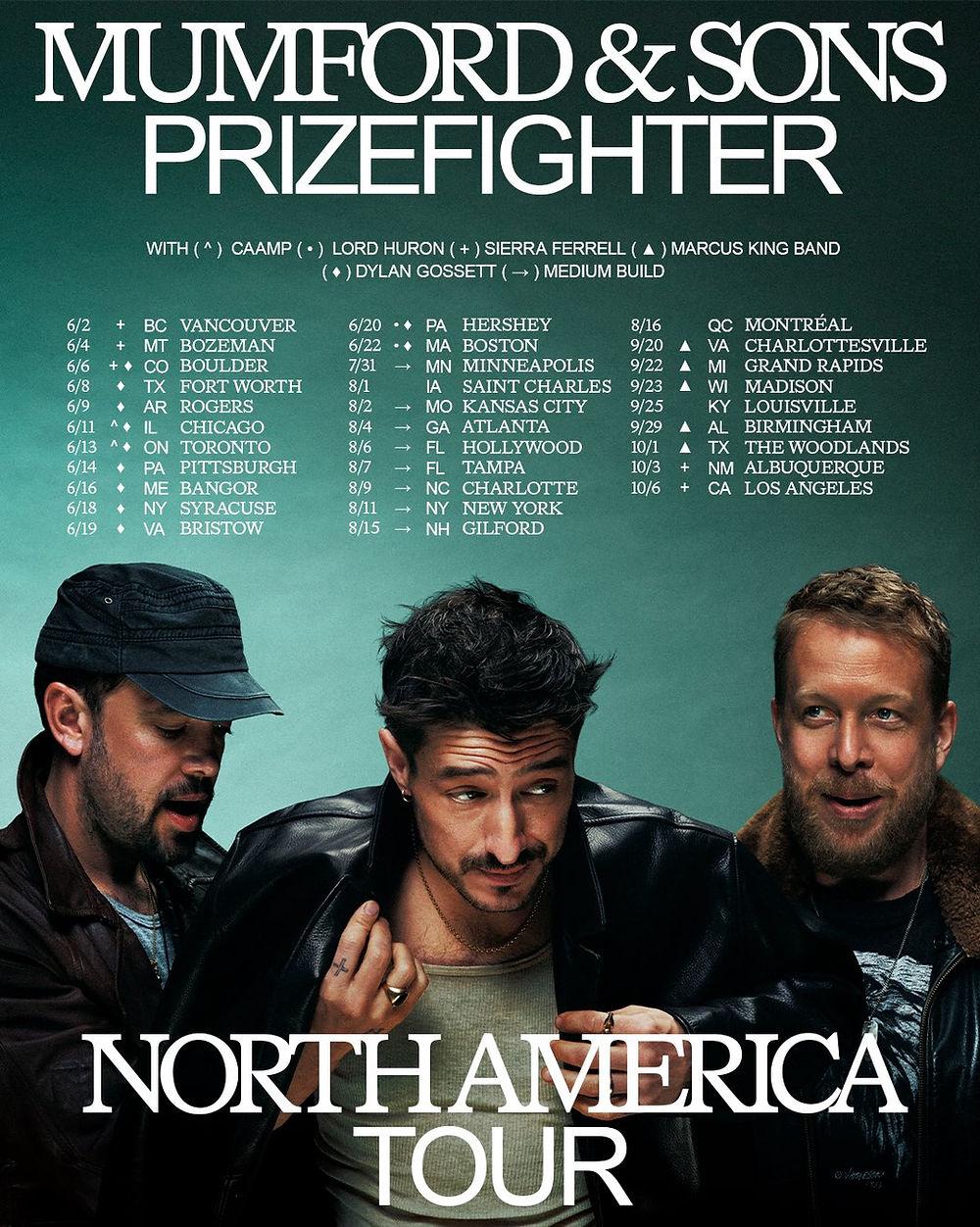 Three men posing in leather jackets on a green background. Text: "Mumford & Sons Prizefighter North America Tour" with tour dates. Mood is confident.
