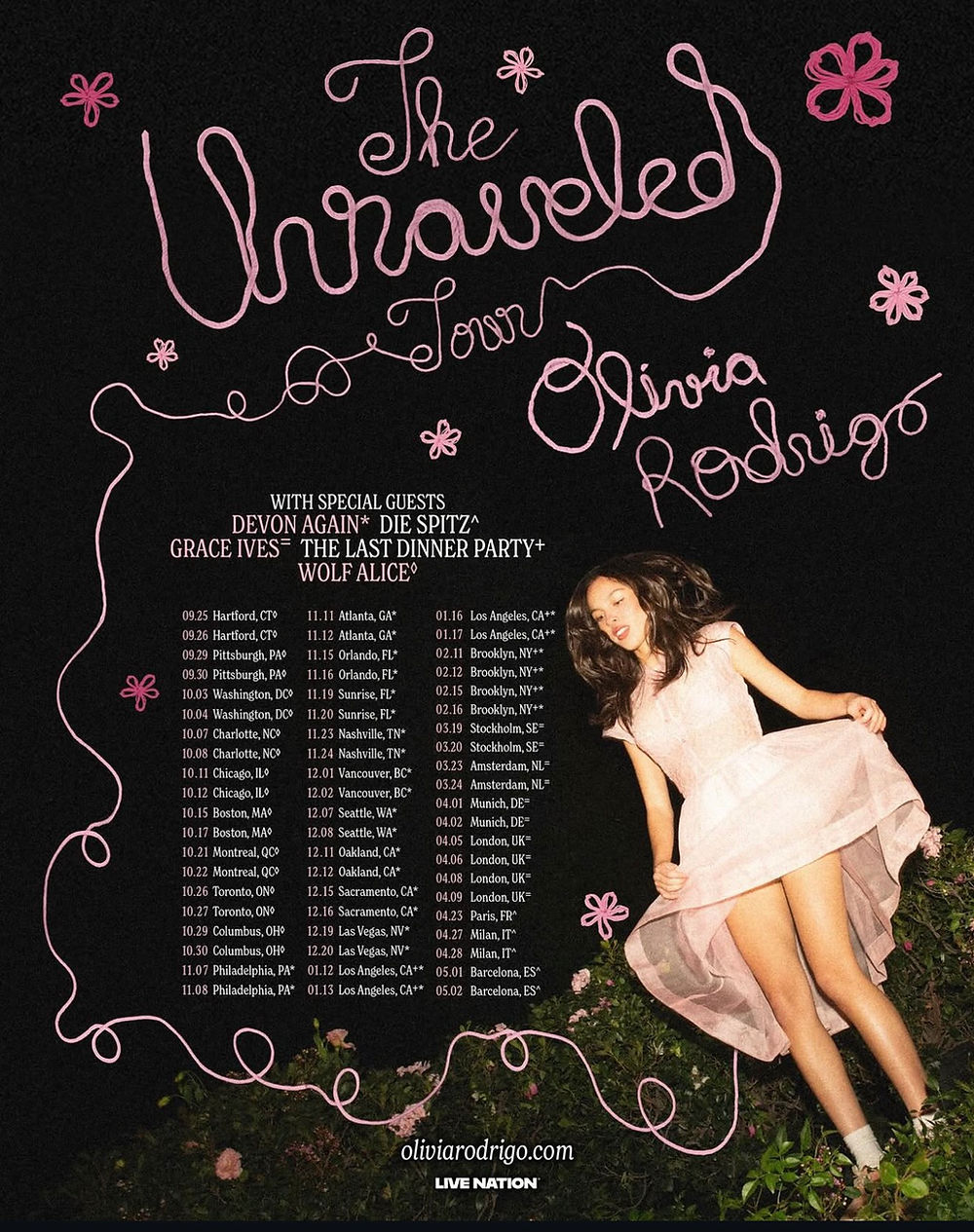 Singer in a pink dress poses joyfully among flowers. Text lists tour dates and venues. Pink floral designs on a black background.