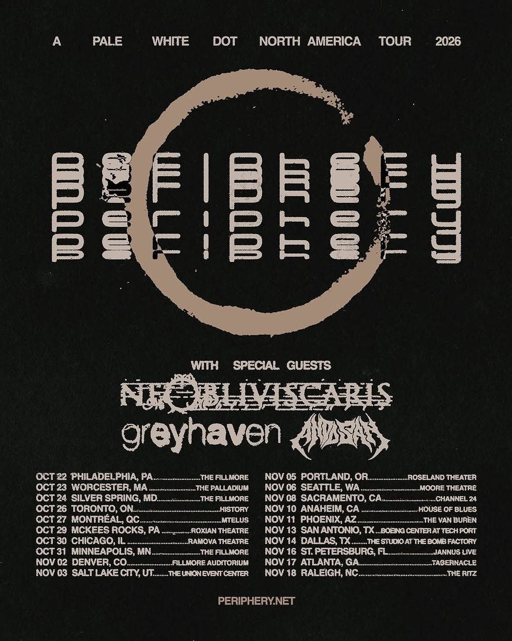 Black tour poster for A Pale White Dot North America Tour 2026, with dates, special guests, and a large beige ring on black.