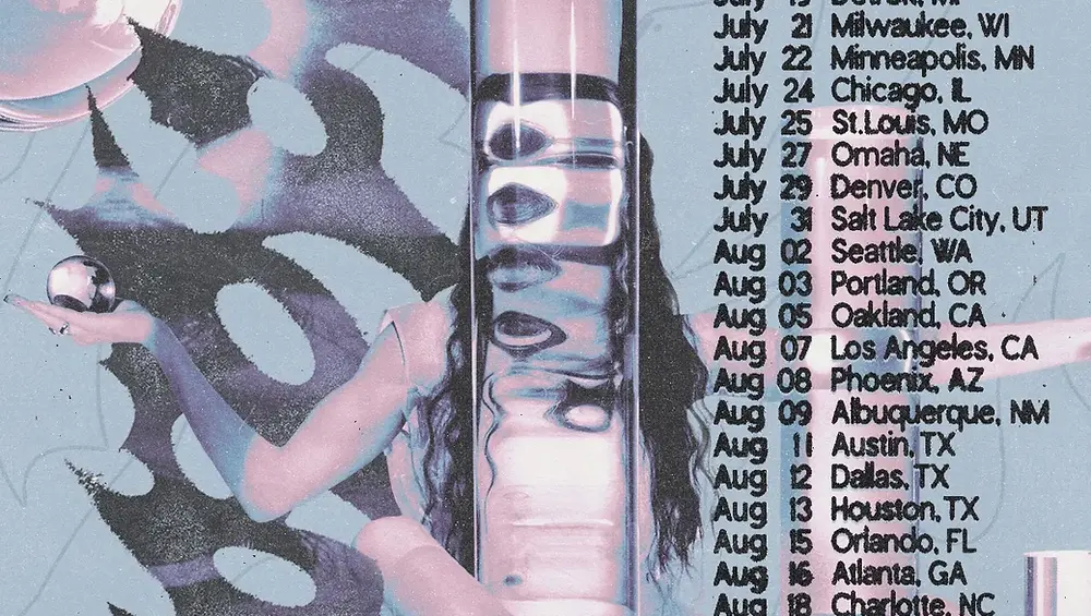 Surreal tour poster with a person, abstract patterns, and mirror balls. Text: "Constantly Nowhere Tour 2026" and dates/locations listed.