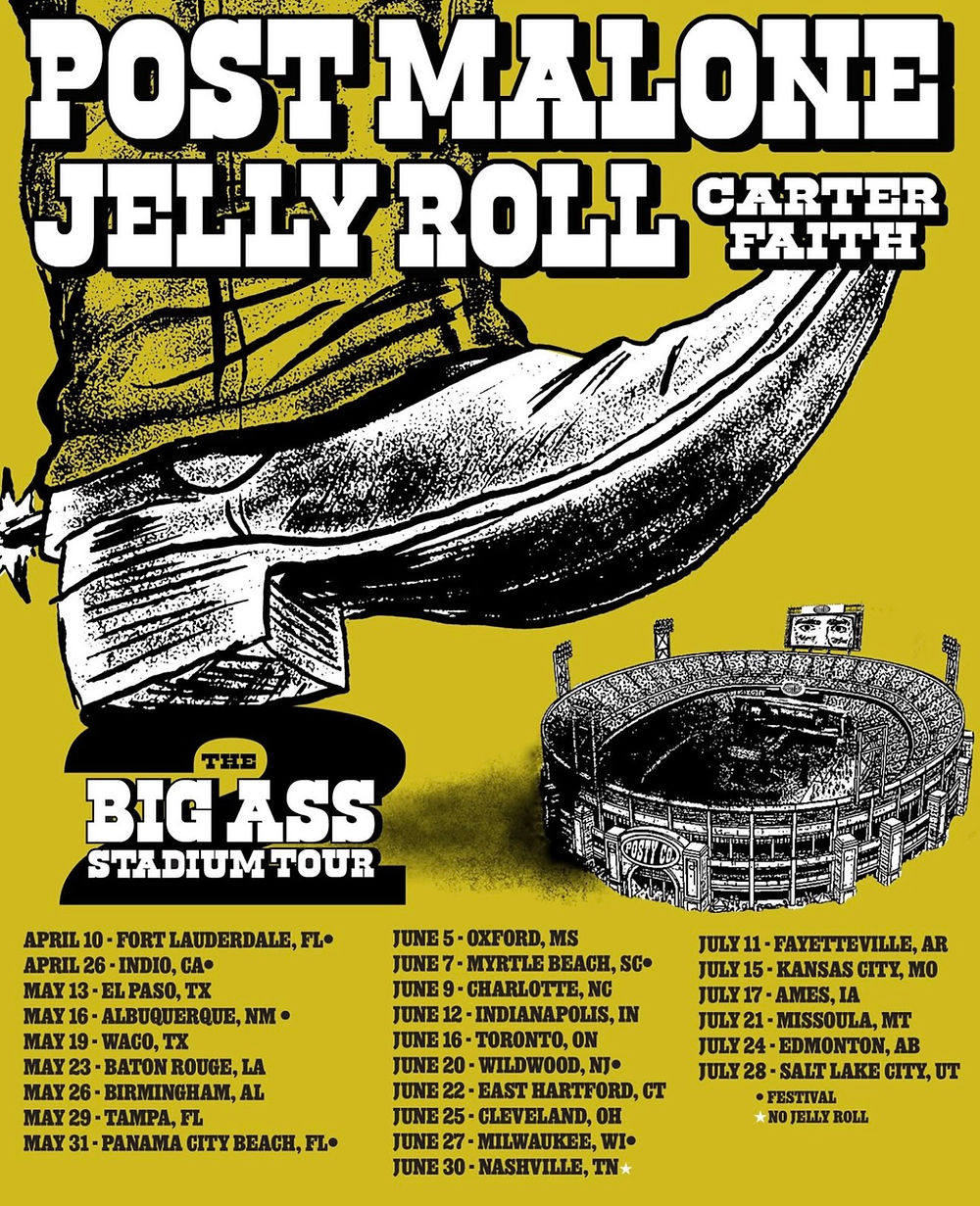 Illustrated poster for "The Big Ass Stadium Tour" with a giant boot and stadium sketch. Dates and locations listed on yellow background.